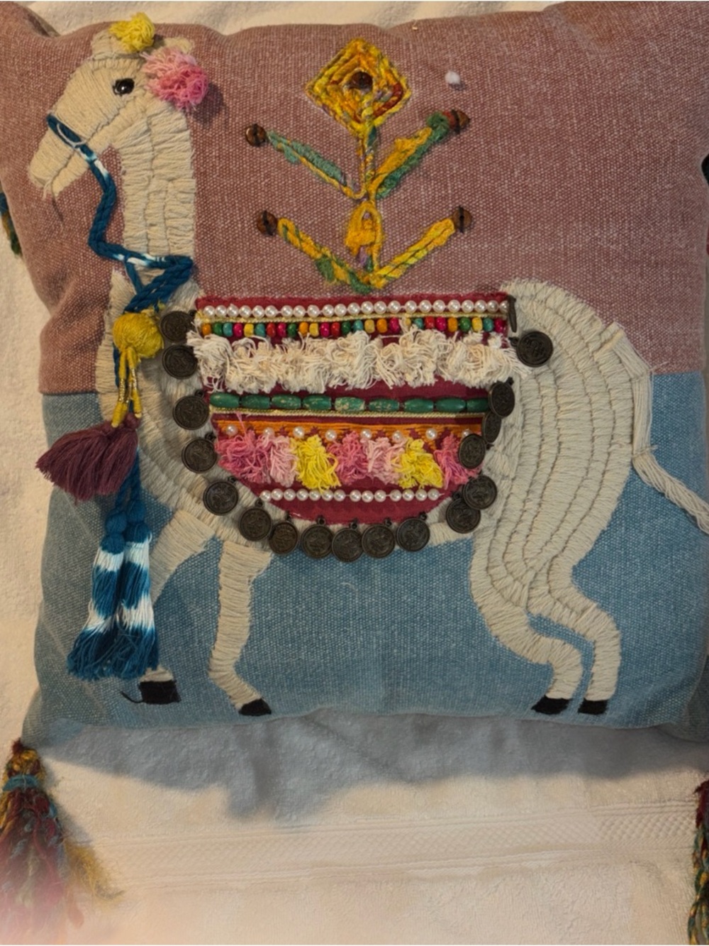 Eastern escape world traveler Boho Embroidered Llama Accent Pillow NEW W/TAGS!!
